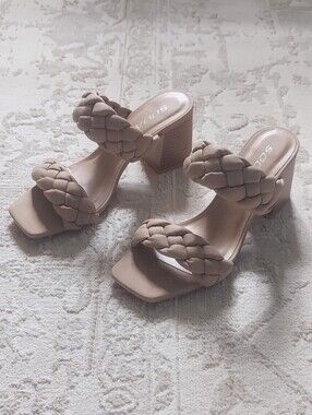 Soda Taupe Braided Double-Strap Block Heel Mules